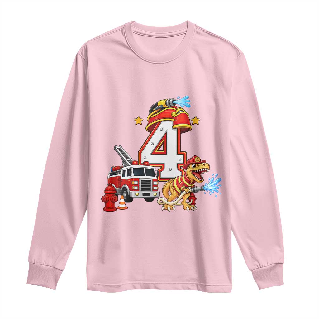 4th Birthday Firefighter Dinosaur Long Sleeve Shirt Fire Engine Four Year Old Party Kids