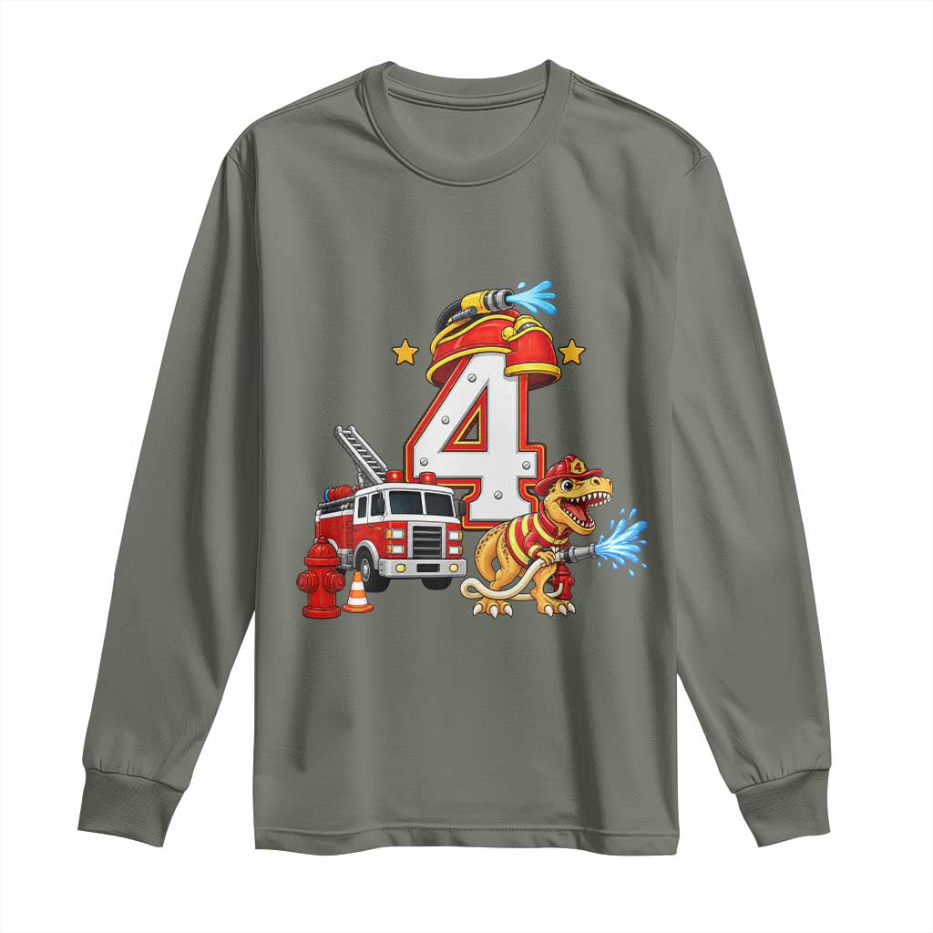 4th Birthday Firefighter Dinosaur Long Sleeve Shirt Fire Engine Four Year Old Party Kids