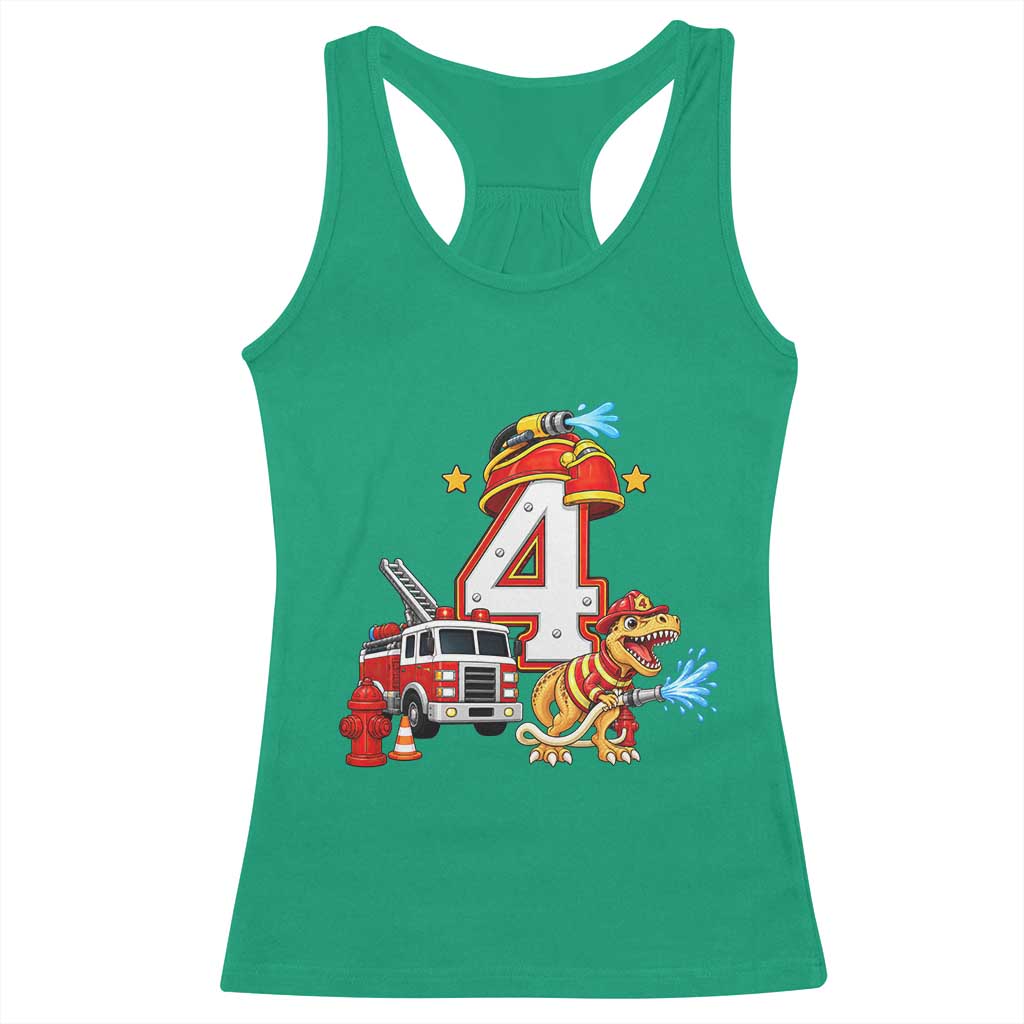 4th Birthday Firefighter Dinosaur Racerback Tank Top Fire Engine Four Year Old Party Kids