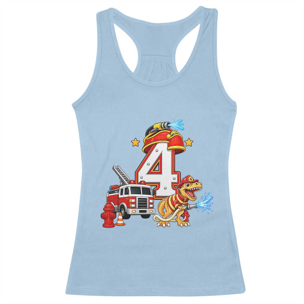 4th Birthday Firefighter Dinosaur Racerback Tank Top Fire Engine Four Year Old Party Kids