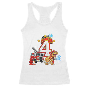4th Birthday Firefighter Dinosaur Racerback Tank Top Fire Engine Four Year Old Party Kids