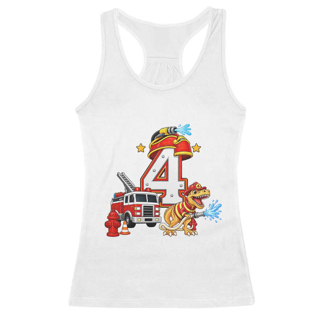 4th Birthday Firefighter Dinosaur Racerback Tank Top Fire Engine Four Year Old Party Kids