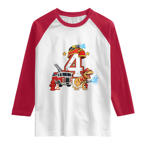 4th Birthday Firefighter Dinosaur Raglan Shirt Fire Engine Four Year Old Party Kids