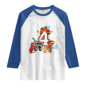 4th Birthday Firefighter Dinosaur Raglan Shirt Fire Engine Four Year Old Party Kids