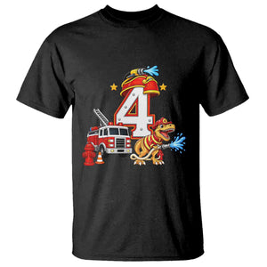 4th Birthday Firefighter Dinosaur T Shirt Fire Engine Four Year Old Party Kids