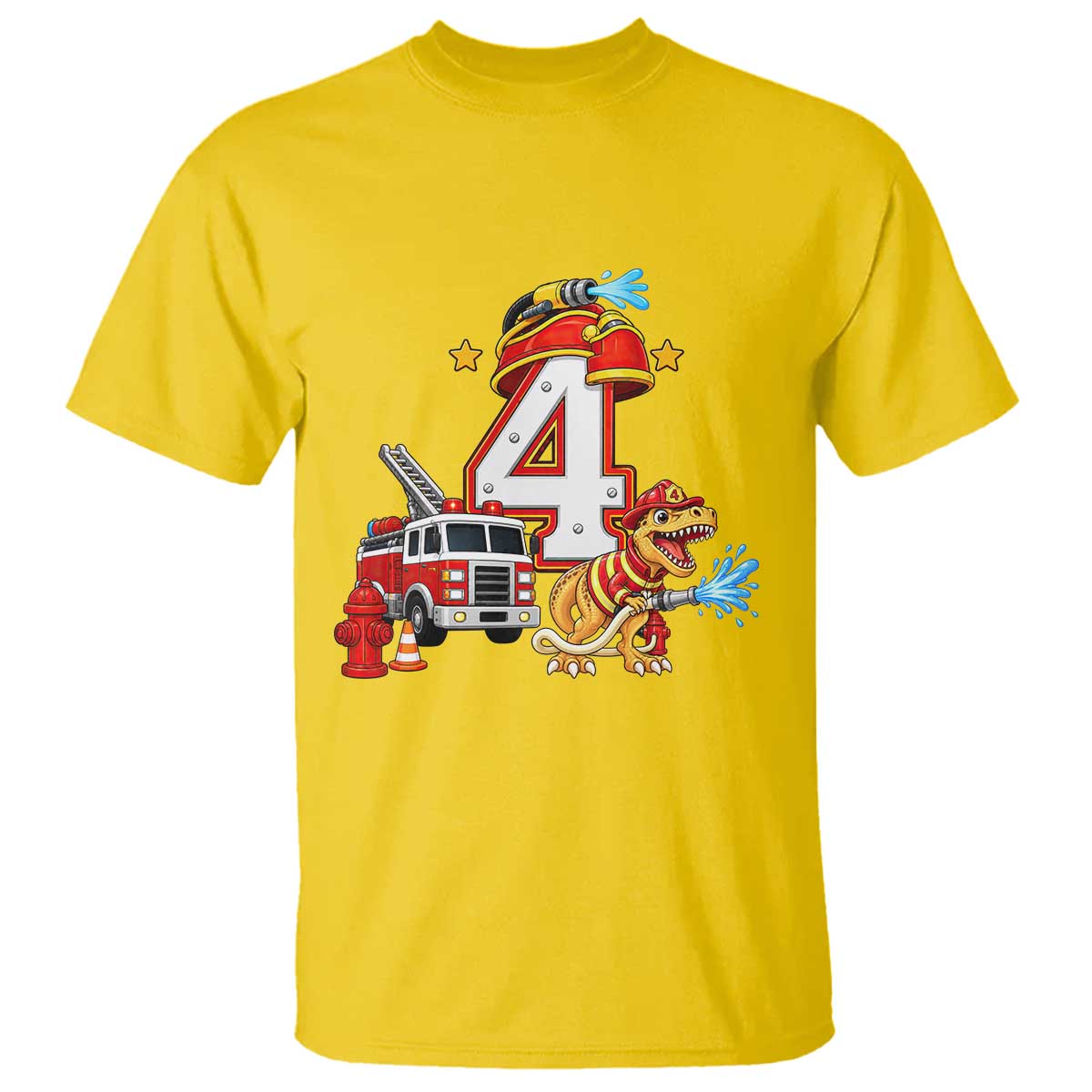 4th Birthday Firefighter Dinosaur T Shirt Fire Engine Four Year Old Party Kids