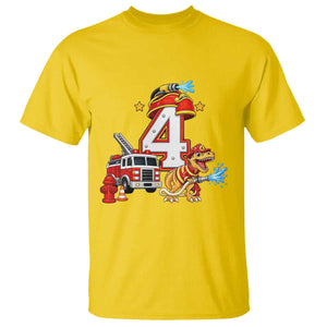 4th Birthday Firefighter Dinosaur T Shirt Fire Engine Four Year Old Party Kids