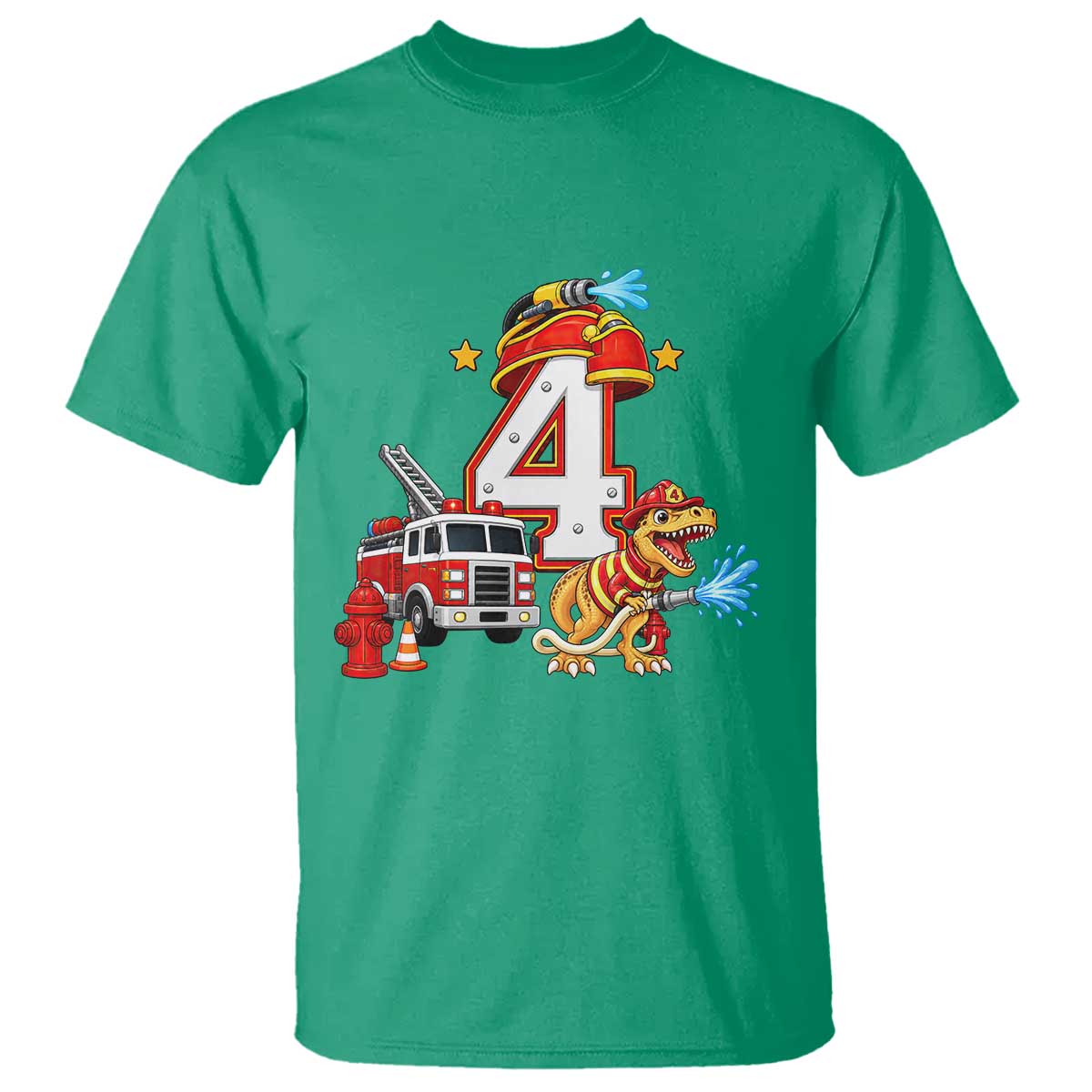 4th Birthday Firefighter Dinosaur T Shirt Fire Engine Four Year Old Party Kids