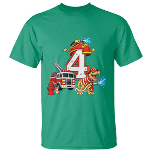 4th Birthday Firefighter Dinosaur T Shirt Fire Engine Four Year Old Party Kids