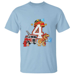 4th Birthday Firefighter Dinosaur T Shirt Fire Engine Four Year Old Party Kids