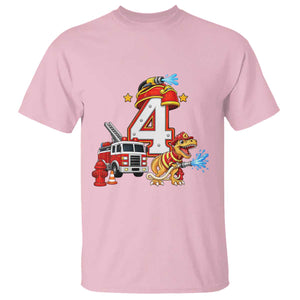 4th Birthday Firefighter Dinosaur T Shirt Fire Engine Four Year Old Party Kids