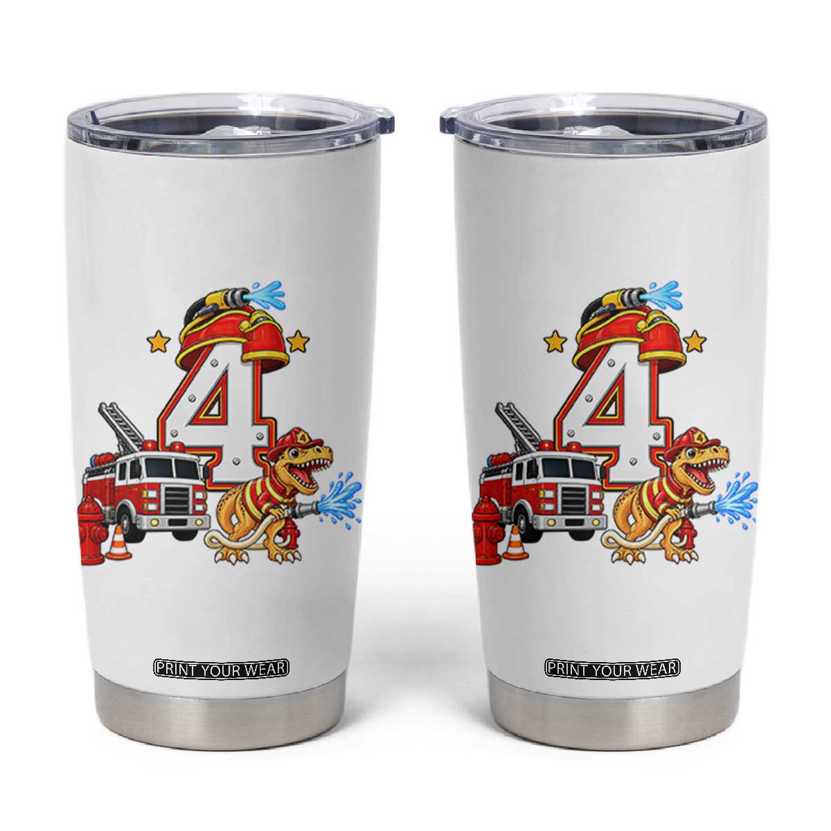 4th Birthday Firefighter Dinosaur Tumbler Cup Fire Engine Four Year Old Party Kids