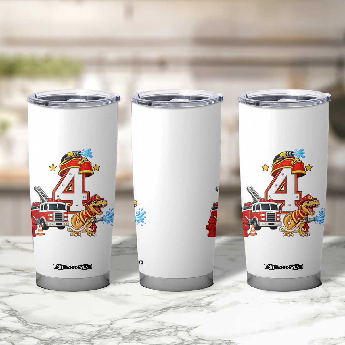 4th Birthday Firefighter Dinosaur Tumbler Cup Fire Engine Four Year Old Party Kids