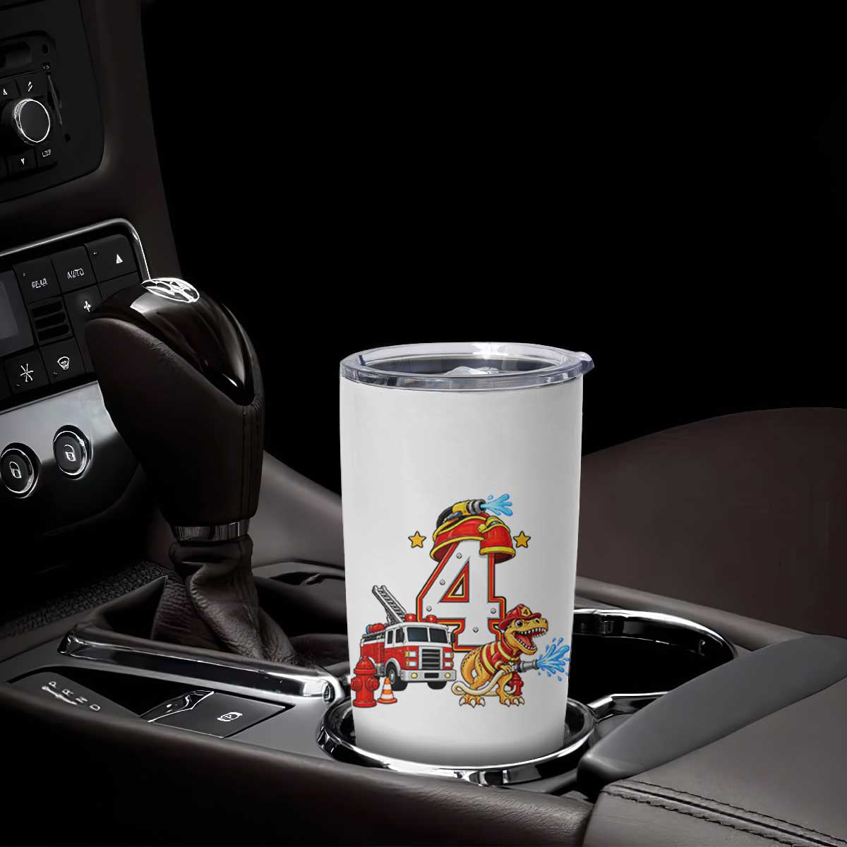 4th Birthday Firefighter Dinosaur Tumbler Cup Fire Engine Four Year Old Party Kids