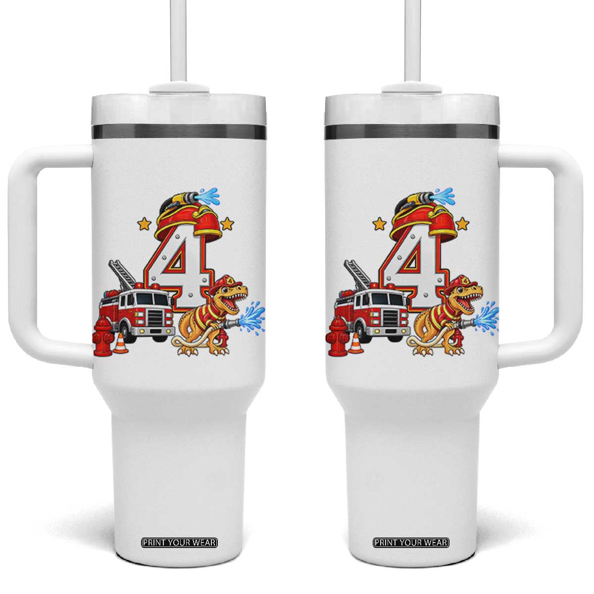 4th Birthday Firefighter Dinosaur Tumbler With Handle Fire Engine Four Year Old Party Kids