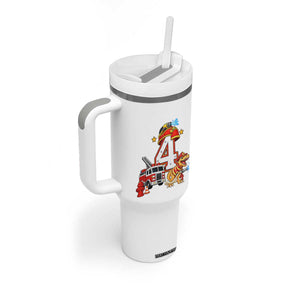 4th Birthday Firefighter Dinosaur Tumbler With Handle Fire Engine Four Year Old Party Kids