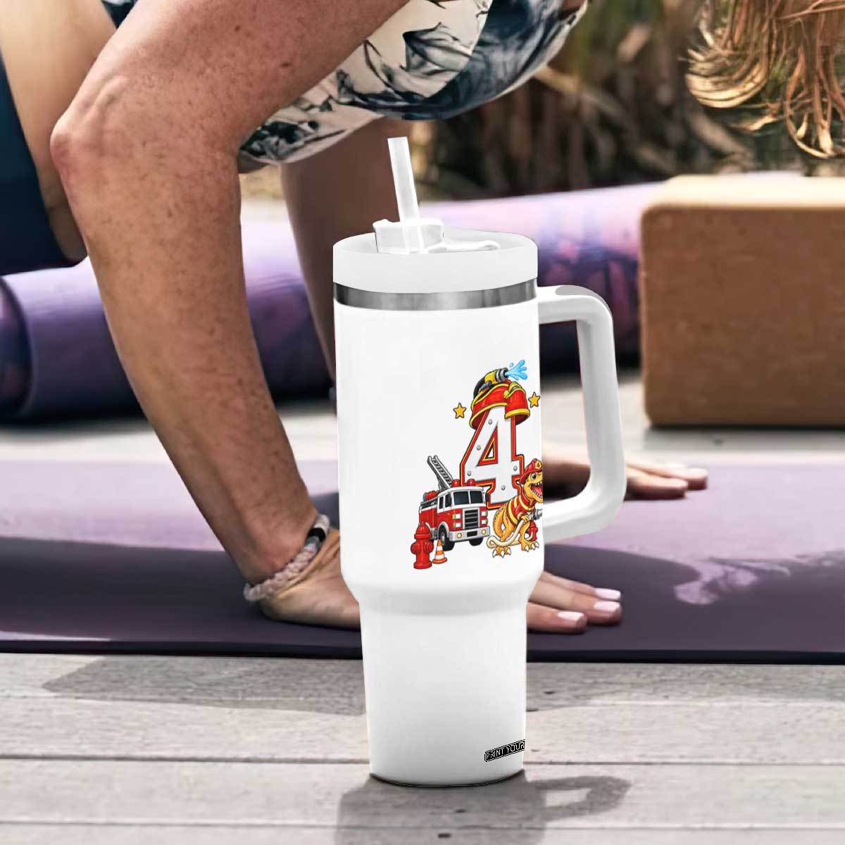 4th Birthday Firefighter Dinosaur Tumbler With Handle Fire Engine Four Year Old Party Kids