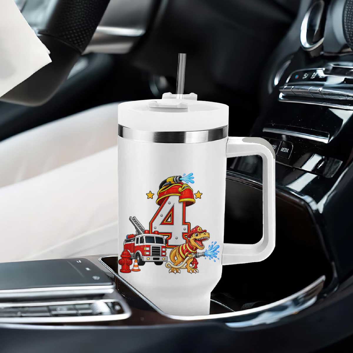 4th Birthday Firefighter Dinosaur Tumbler With Handle Fire Engine Four Year Old Party Kids