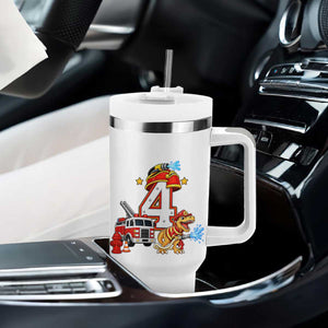 4th Birthday Firefighter Dinosaur Tumbler With Handle Fire Engine Four Year Old Party Kids