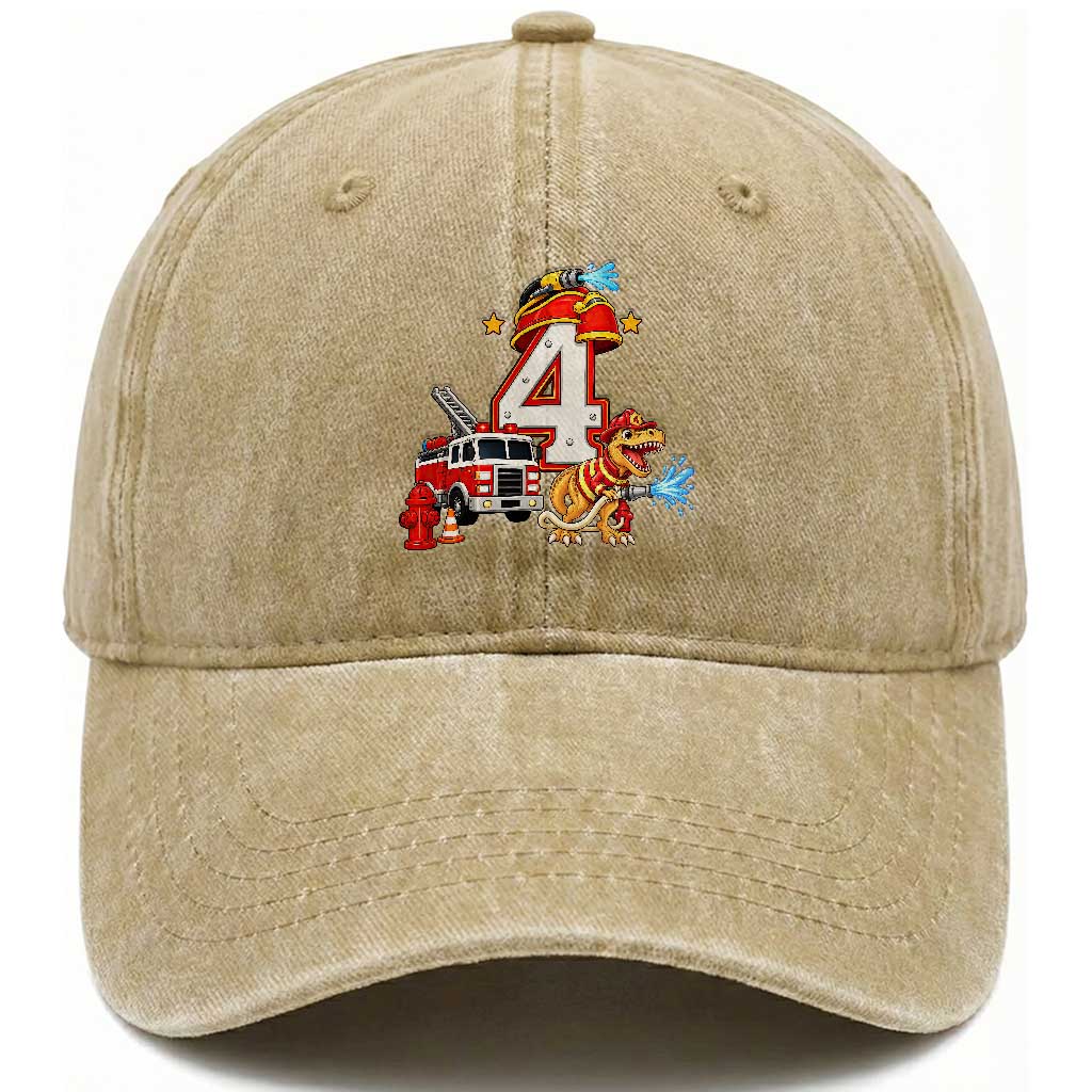 4th Birthday Firefighter Dinosaur Washed Cotton Baseball Cap Fire Engine Four Year Old Party Kids