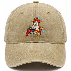 4th Birthday Firefighter Dinosaur Washed Cotton Baseball Cap Fire Engine Four Year Old Party Kids