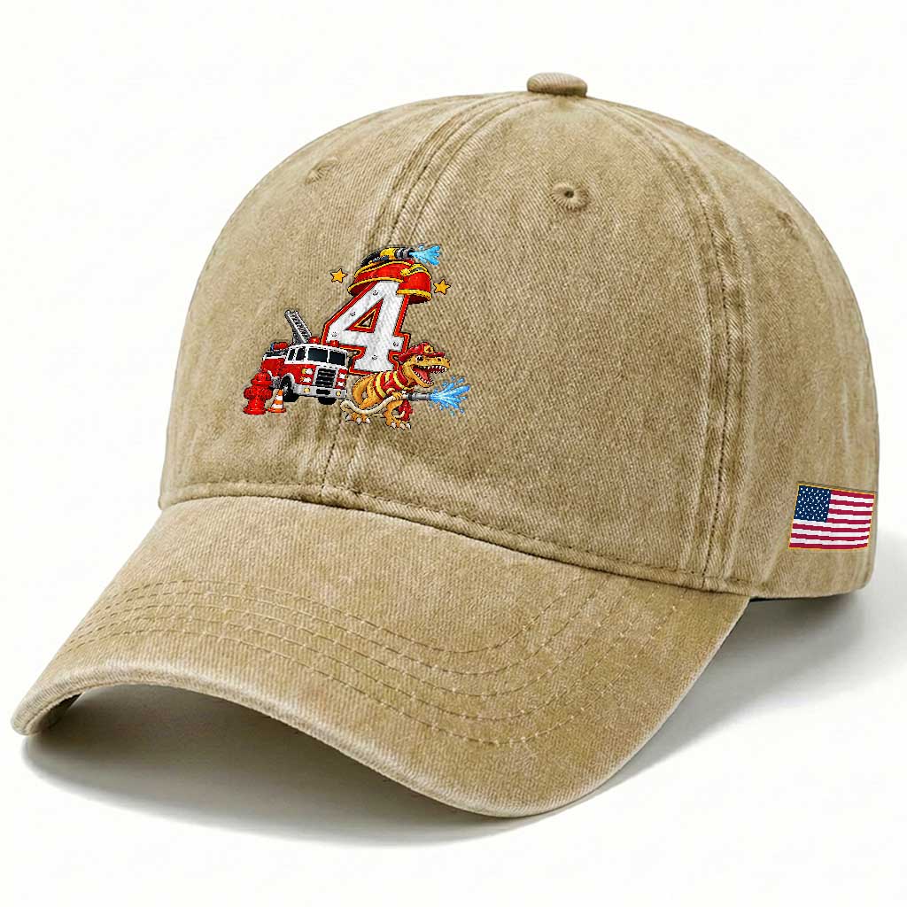 4th Birthday Firefighter Dinosaur Washed Cotton Baseball Cap Fire Engine Four Year Old Party Kids