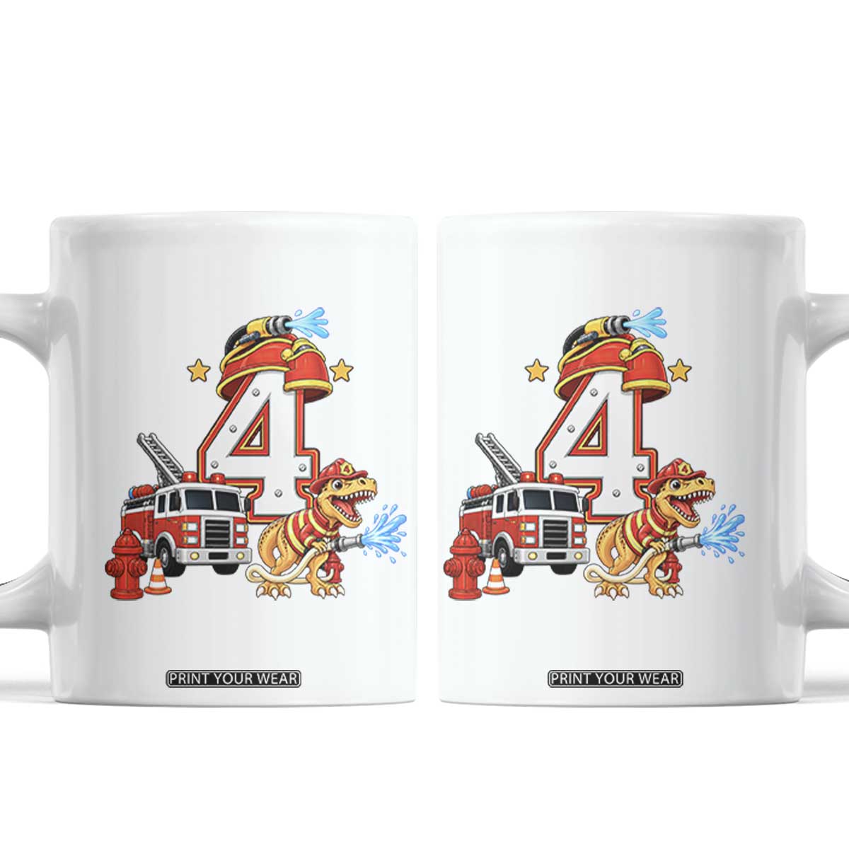4th Birthday Firefighter Dinosaur Coffee Mug Fire Engine Four Year Old Party Kids