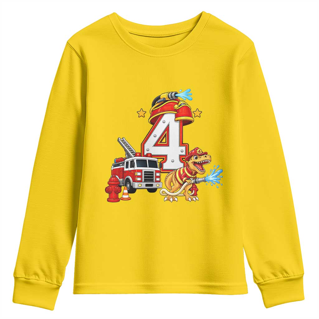 4th Birthday Firefighter Dinosaur Youth Sweatshirt Fire Engine Four Year Old Party Kids