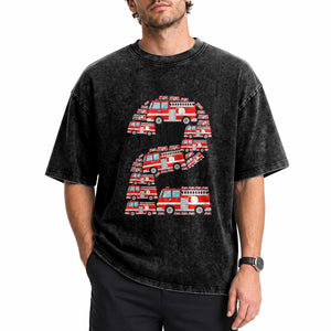 Fire Truck 2nd Birthday Washed Cotton T-Shirt Firefighter Gift For Two Year Old Kid