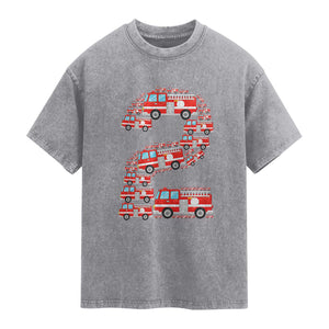 Fire Truck 2nd Birthday Washed Cotton T-Shirt Firefighter Gift For Two Year Old Kid