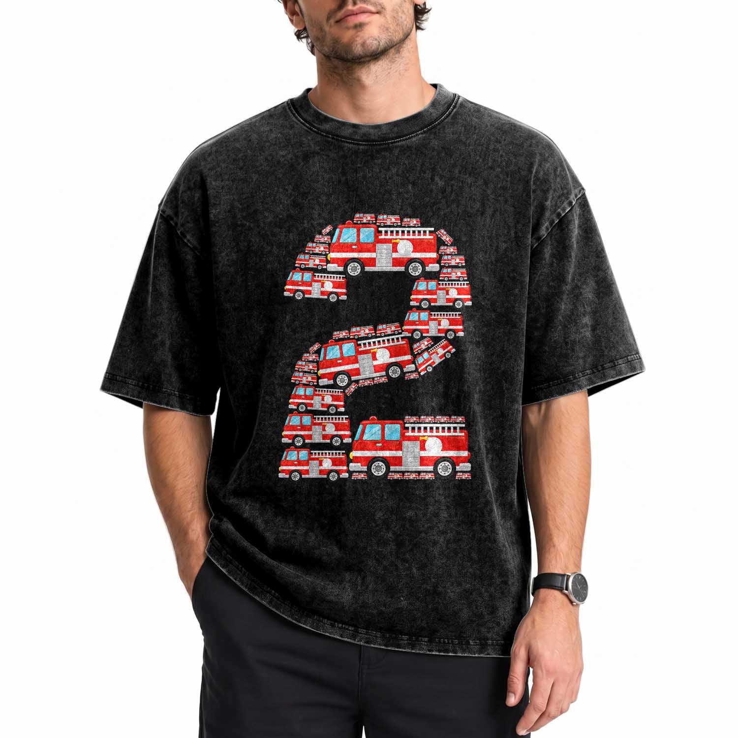 Fire Truck 2nd Birthday Washed Cotton T-Shirt Firefighter Gift For Two Year Old Kid