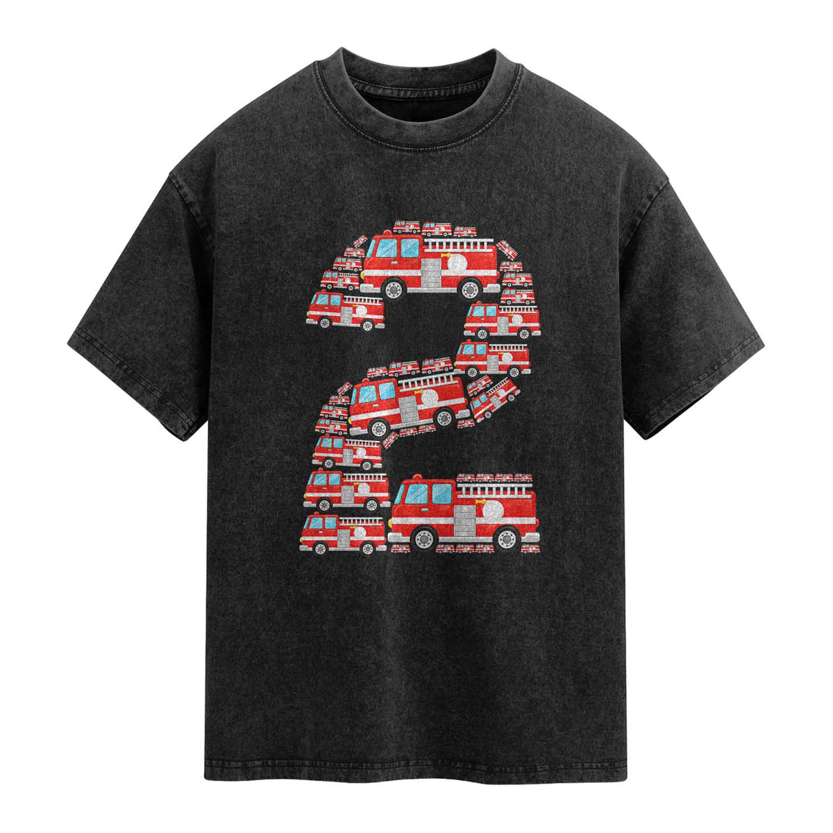 Fire Truck 2nd Birthday Washed Cotton T-Shirt Firefighter Gift For Two Year Old Kid