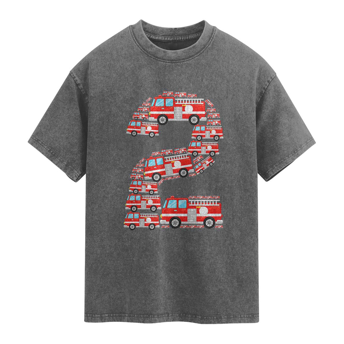 Fire Truck 2nd Birthday Washed Cotton T-Shirt Firefighter Gift For Two Year Old Kid
