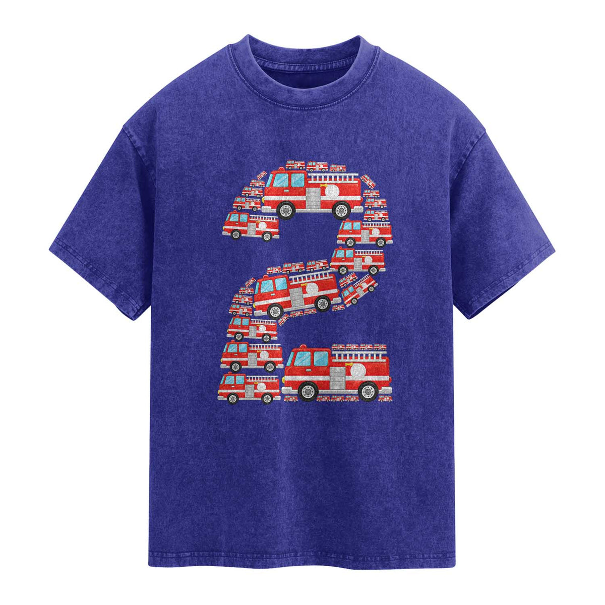 Fire Truck 2nd Birthday Washed Cotton T-Shirt Firefighter Gift For Two Year Old Kid
