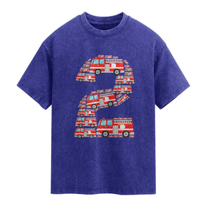 Fire Truck 2nd Birthday Washed Cotton T-Shirt Firefighter Gift For Two Year Old Kid