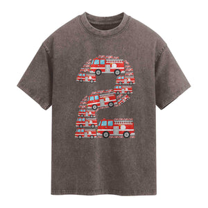 Fire Truck 2nd Birthday Washed Cotton T-Shirt Firefighter Gift For Two Year Old Kid