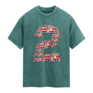 Fire Truck 2nd Birthday Washed Cotton T-Shirt Firefighter Gift For Two Year Old Kid