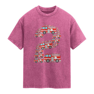 Fire Truck 2nd Birthday Washed Cotton T-Shirt Firefighter Gift For Two Year Old Kid