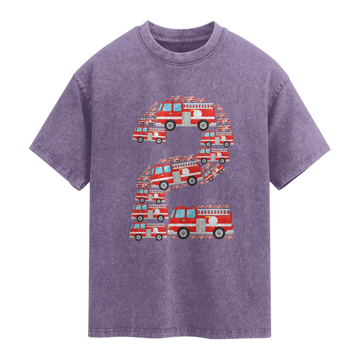 Fire Truck 2nd Birthday Washed Cotton T-Shirt Firefighter Gift For Two Year Old Kid