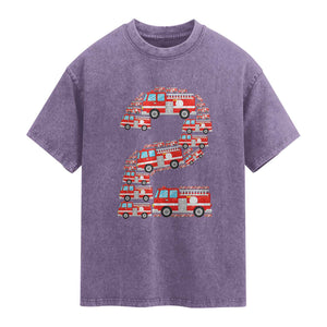 Fire Truck 2nd Birthday Washed Cotton T-Shirt Firefighter Gift For Two Year Old Kid