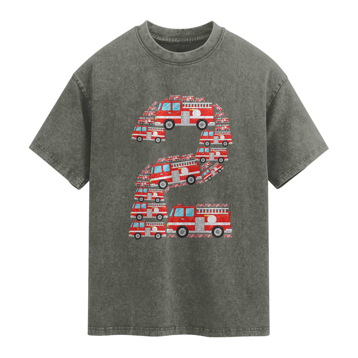 Fire Truck 2nd Birthday Washed Cotton T-Shirt Firefighter Gift For Two Year Old Kid