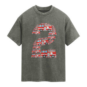 Fire Truck 2nd Birthday Washed Cotton T-Shirt Firefighter Gift For Two Year Old Kid