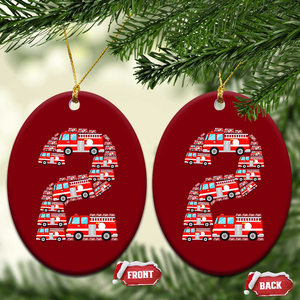 Fire Truck 2nd Birthday Ceramic Ornament Firefighter Gift For Two Year Old Kid
