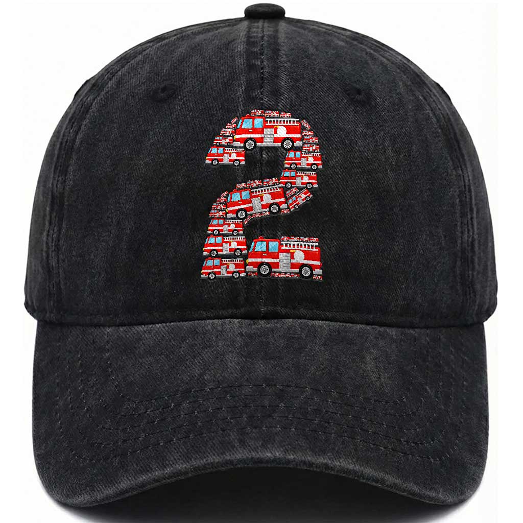Fire Truck 2nd Birthday Washed Cotton Baseball Cap Firefighter Gift For Two Year Old Kid
