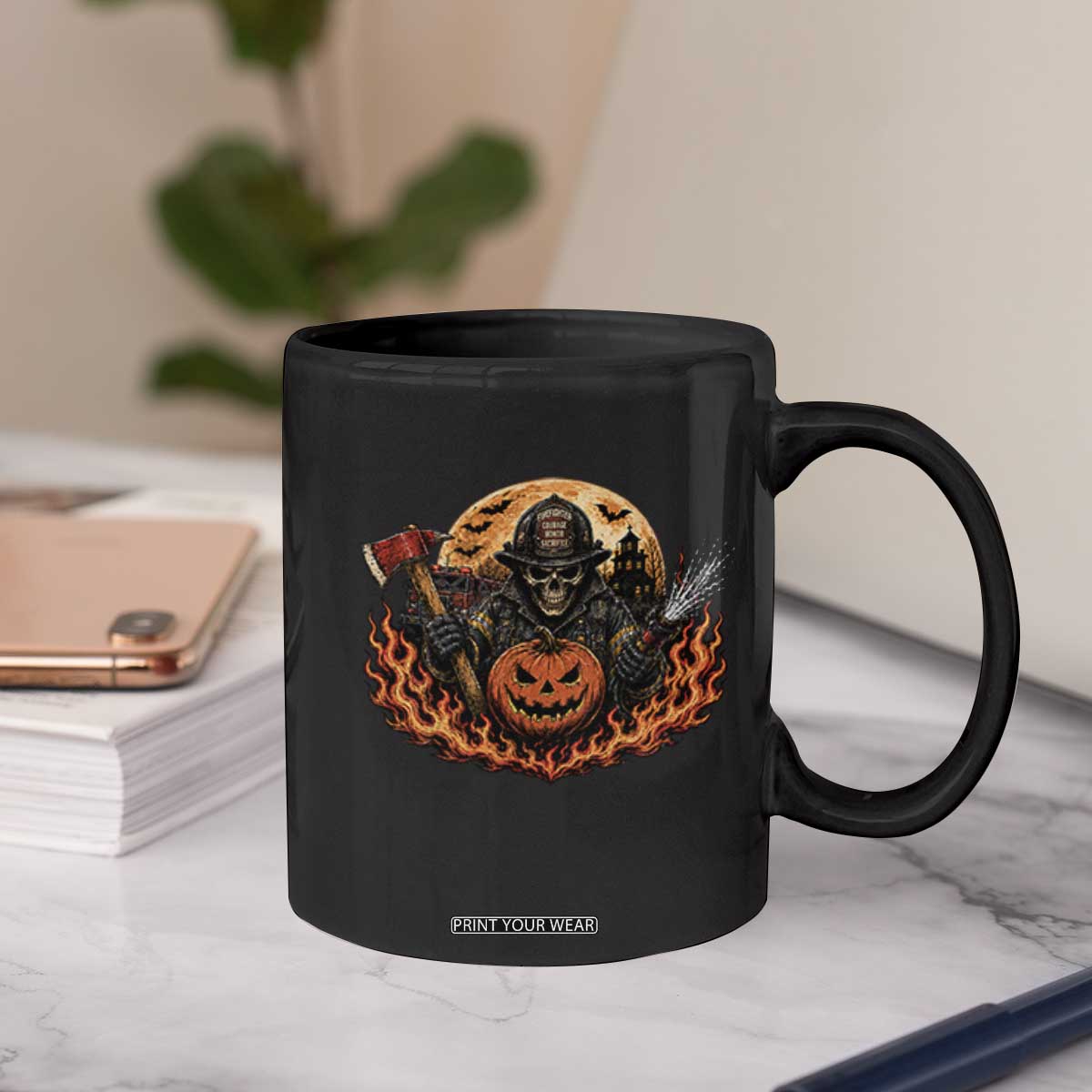 Skeleton Firefighter Pumpkin Halloween Coffee Mug Courage Honor Sacrifice Spooky Gift
