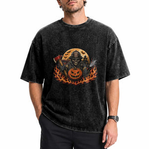 Skeleton Firefighter Pumpkin Halloween Washed Cotton T-Shirt Courage Honor Sacrifice Spooky Gift
