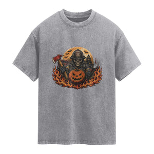 Skeleton Firefighter Pumpkin Halloween Washed Cotton T-Shirt Courage Honor Sacrifice Spooky Gift