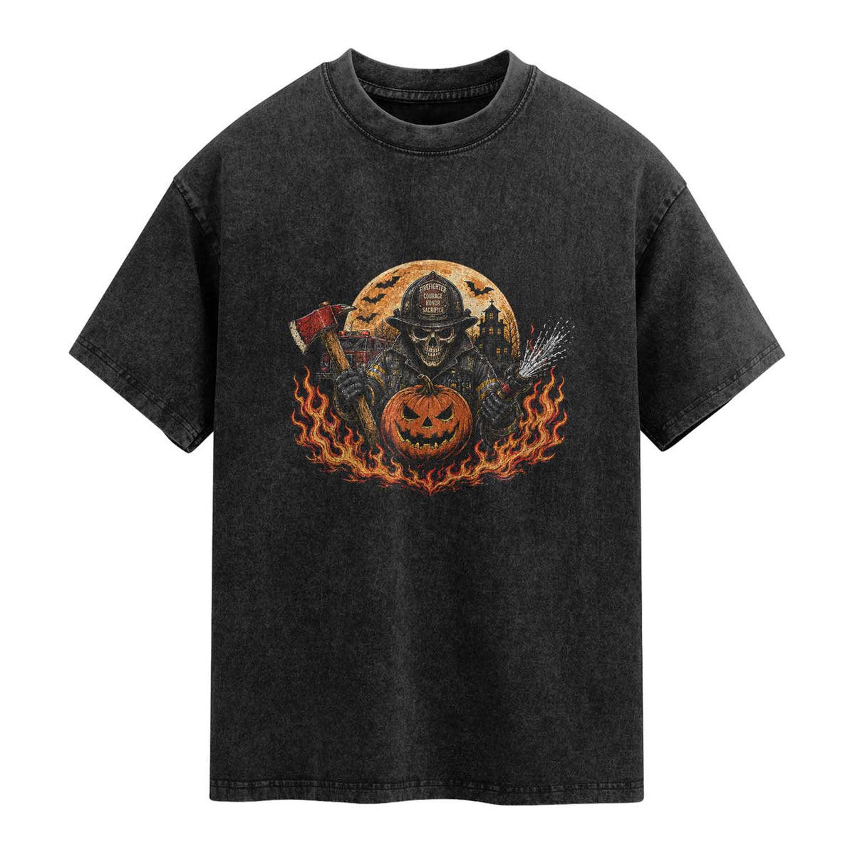 Skeleton Firefighter Pumpkin Halloween Washed Cotton T-Shirt Courage Honor Sacrifice Spooky Gift