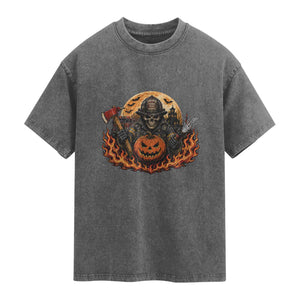 Skeleton Firefighter Pumpkin Halloween Washed Cotton T-Shirt Courage Honor Sacrifice Spooky Gift