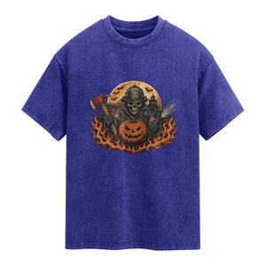 Skeleton Firefighter Pumpkin Halloween Washed Cotton T-Shirt Courage Honor Sacrifice Spooky Gift